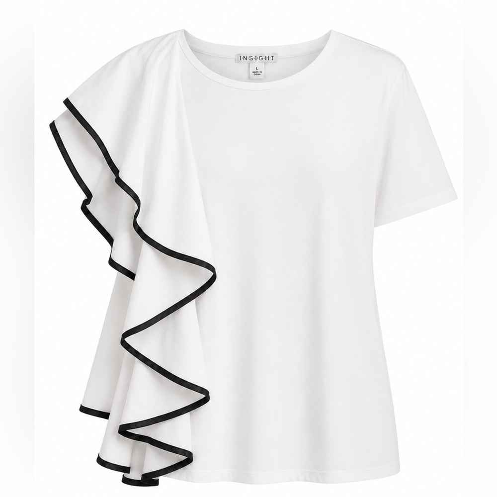 Insight New York White Short Sleeve Ruffle Top with Black Trim